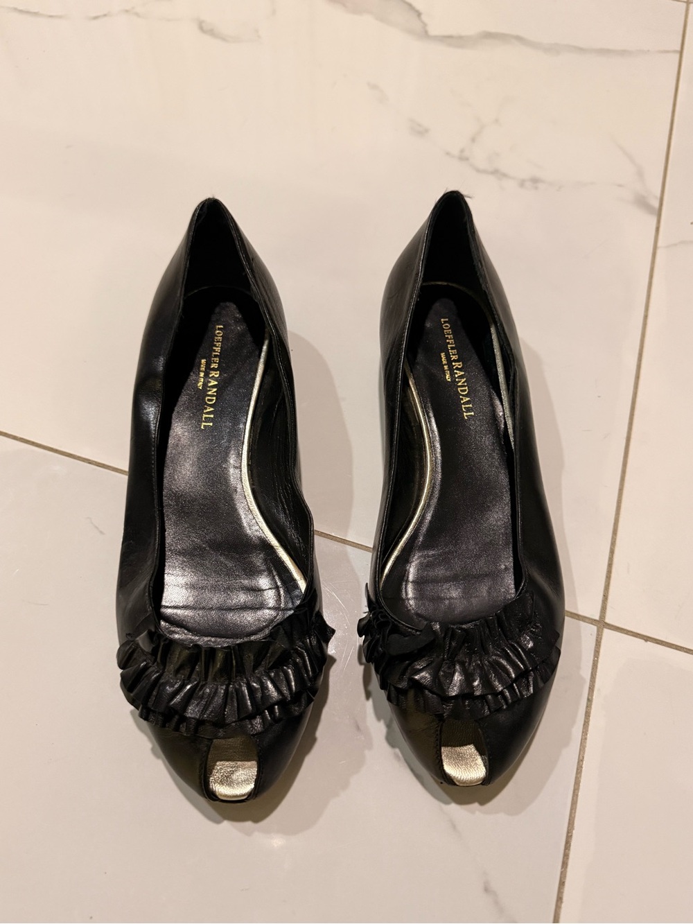 Black Leather Peep-Toe Heels with Ruffle Trim Size 10